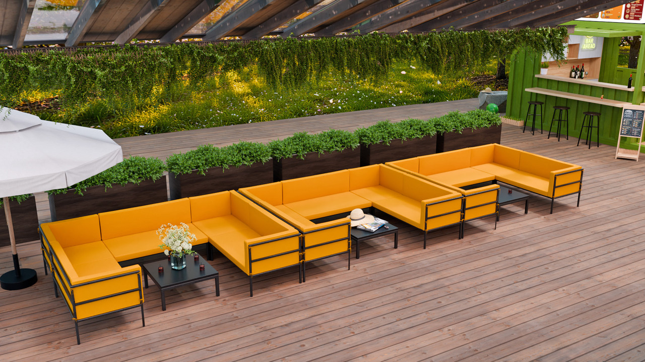 Outdoor Lounge Set - HERMOSA Heavy-Duty Outdoor Modular [3] U-shapes Lounge Seating  - Sunbrella Seating - Gunmetal Frame -  Lounge Tables (Seats 18)