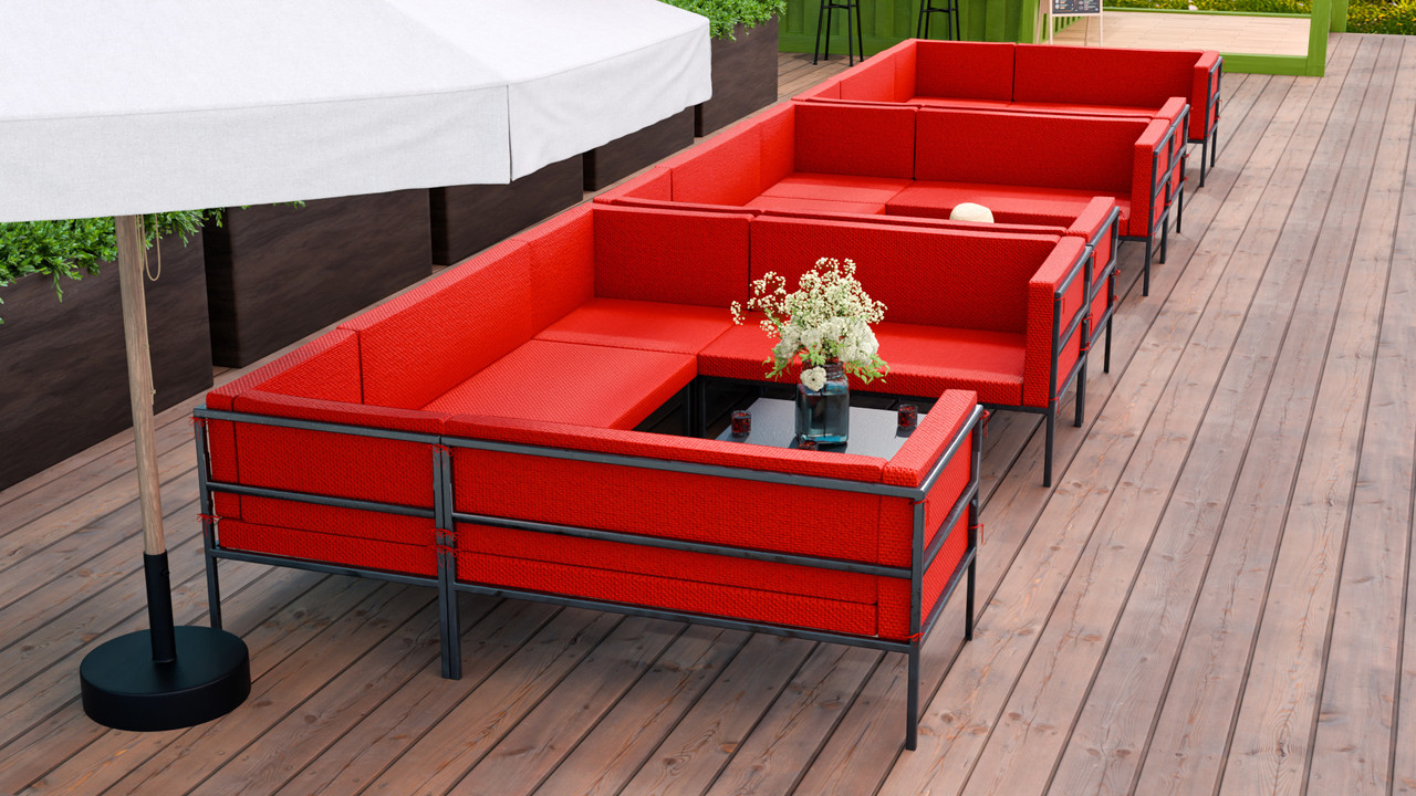 Outdoor Lounge Set - HERMOSA Heavy-Duty Outdoor Modular [3] U-shapes Lounge Seating  - Sunbrella Seating - Gunmetal Frame -  Lounge Tables (Seats 18)