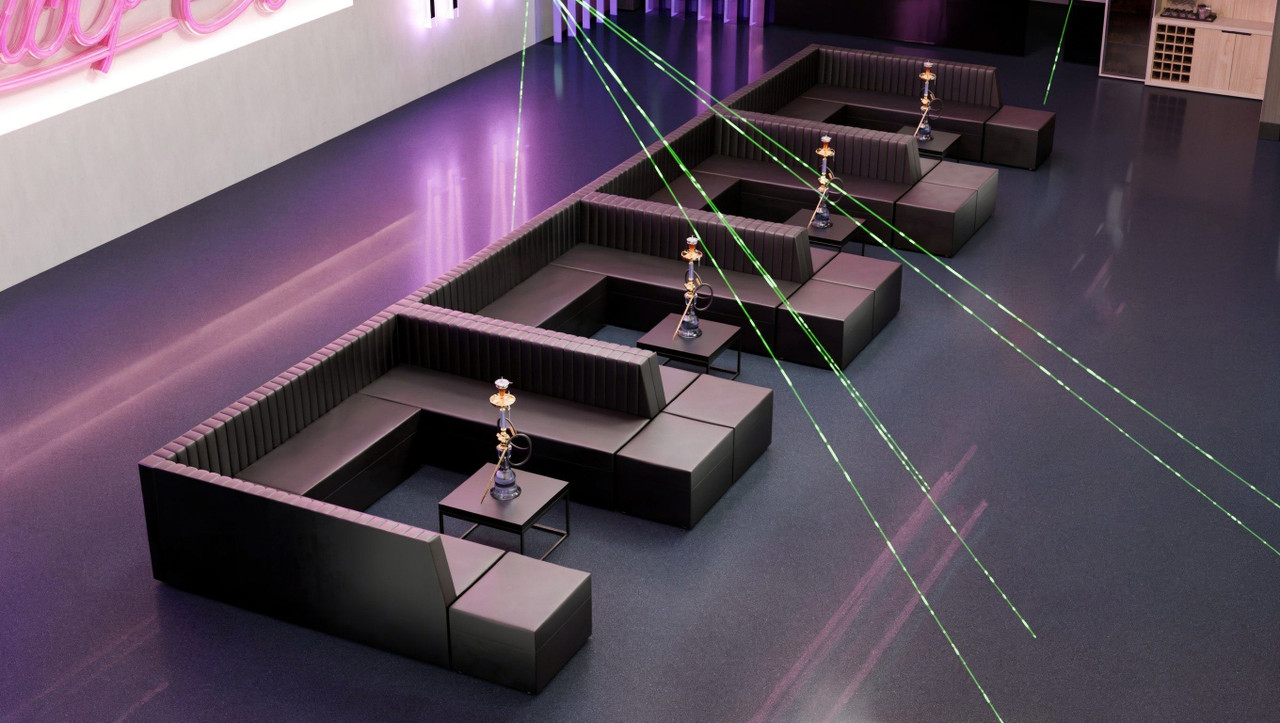 Overstock - Lounge Package - [Four] 9033 Black Modular U Shapes, [Four] Ottomans and [Four] Lounge Tables (Seats  32)
