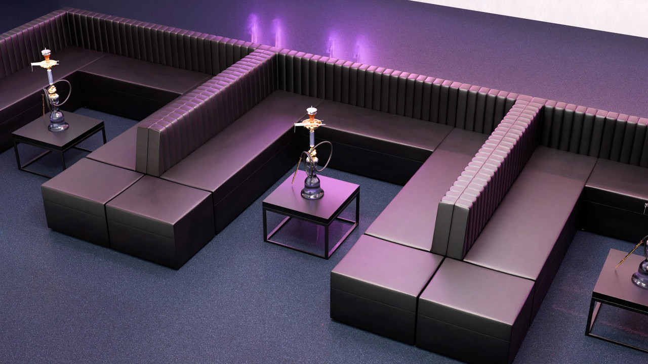 Overstock - Lounge Package - [Four] 9033 Black Modular U Shapes, [Four] Ottomans and [Four] Lounge Tables (Seats  32)