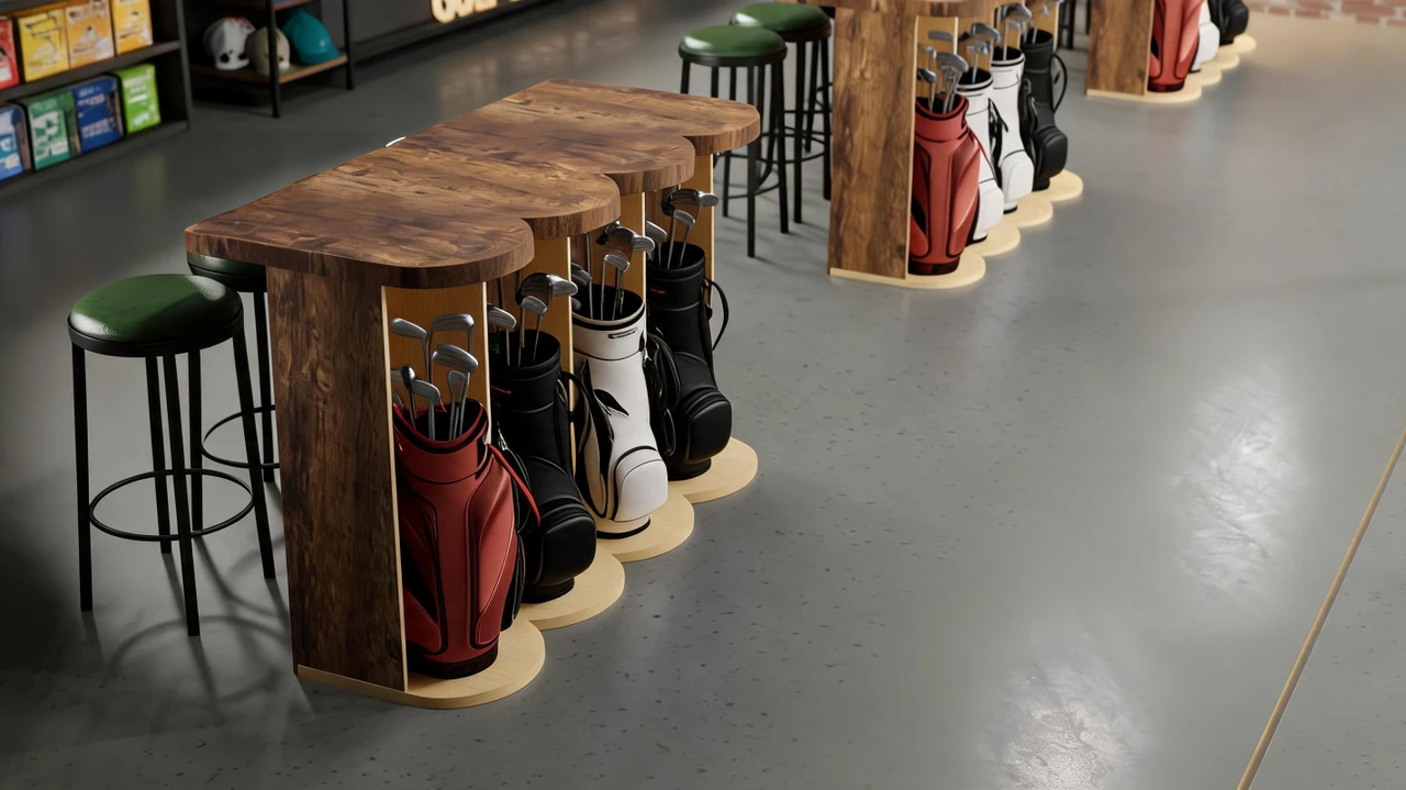 Set of Three: Bar Tables With Golf Bag Storage and Four Bar Stools (Seats 12)