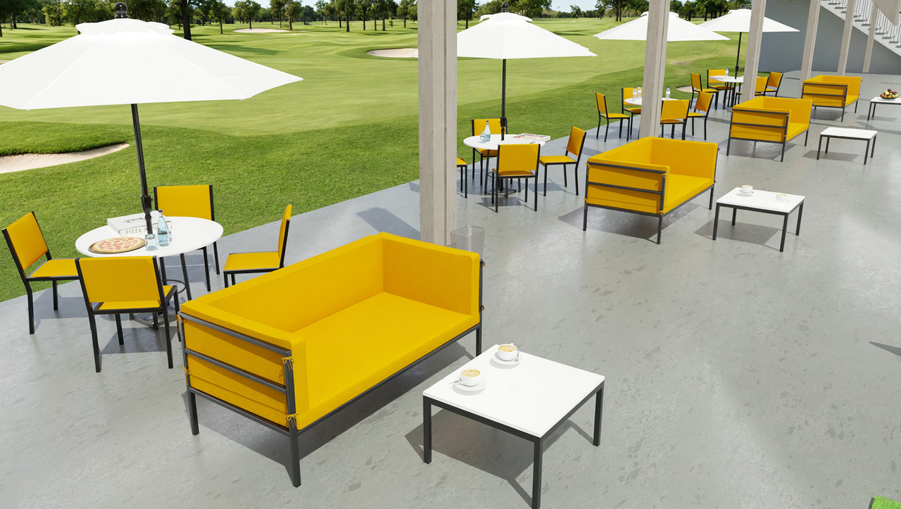 Outdoor Lounge Set - HERMOSA Heavy-Duty Outdoor Loveseats with Tables and Chairs  - Sunbrella Seating - Gunmetal Frame -  Lounge Tables (Seats 24)
