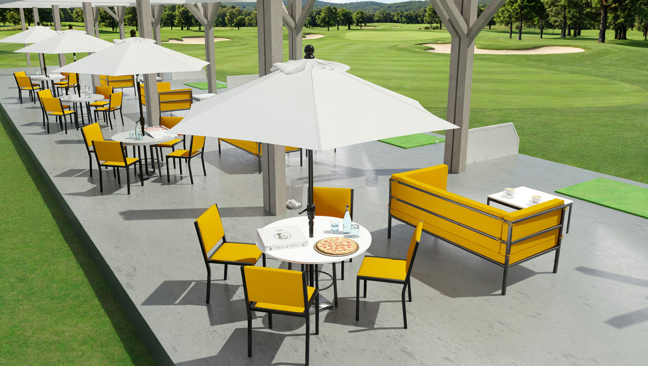 Outdoor Lounge Set - HERMOSA Heavy-Duty Outdoor Loveseats with Tables and Chairs  - Sunbrella Seating - Gunmetal Frame -  Lounge Tables (Seats 24)