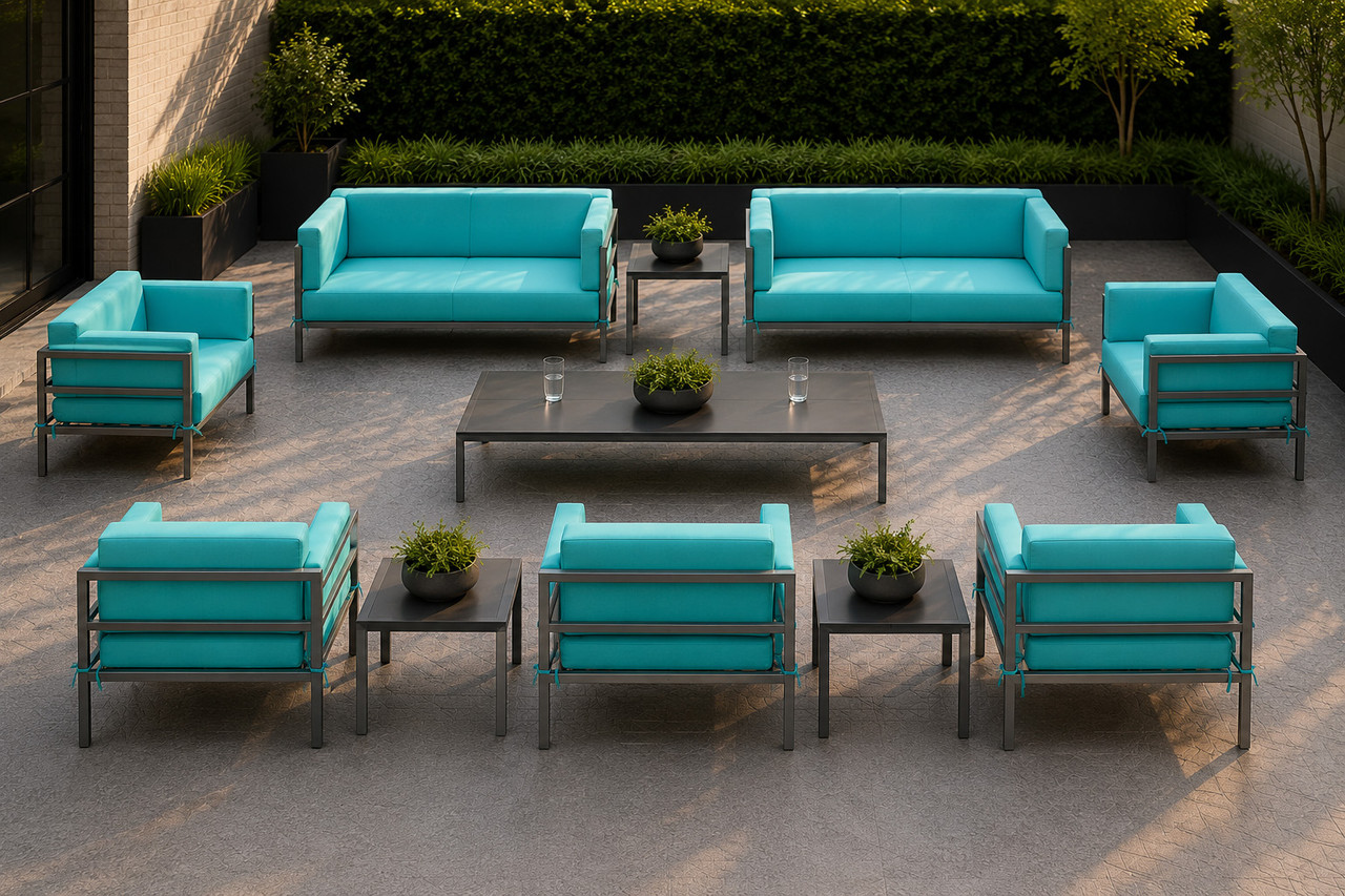 FINAL SET! Outdoor HERMOSA Package of Loveseats, Chairs and Lounge Tables - Sunbrella Seating - Heavy Duty Gunmetal Frame - Outdoor Furniture (Seats  9)