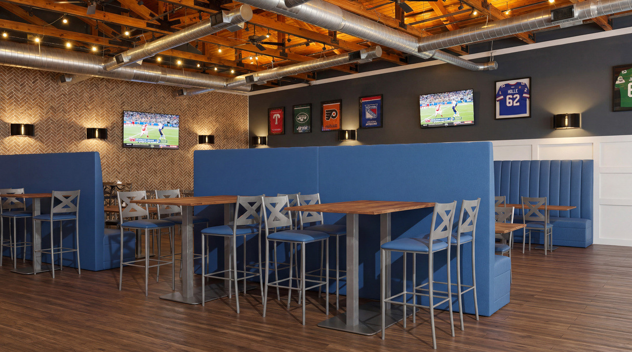 Premium Extra Tall 65" Banquette Back - Restaurant SKY Booths with Tables, Chairs and Bar Stools (Seats 16)
