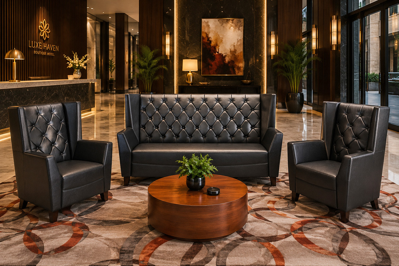 Set of Monaco Luxury Lounge Button-Tufted Sofa, Two Chairs and Lucas Lounge Table
