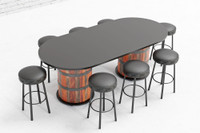 Modern Whiskey Barrel 96" Oval Bar Table - Bronze Hoops and Rivets - Eight Button Tufted Bar Stools Modern Whiskey Barrel 96" Oval Bar Table - Bronze Hoops and Rivets - Eight Button Tufted Bar Stools