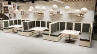 Package of Restaurant U-Shape Booths - Black Diamond Button Tufted Upholstery - Premium Formica® Wrapped Back,  Side & Base - 50x48 Walnut Restaurant Tables - Seats 18 Package of Restaurant U-Shape Booths - Black Diamond Button Tufted Upholstery - Premium Formica® Wrapped Back,  Side & Base - 50x48 Walnut Restaurant Tables - Seats 18