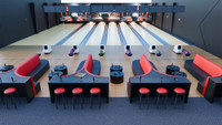 Strike - Red & Black BOWLING Seating Package with Bar Stools - Premium Channel-Back Upholstery (Seats 17 )