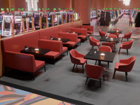 Montana Casino Package: All-in-One Booths Seating with Integrated Table and Privacy Wall, Restaurant Tables and Chairs (Seats 40)