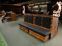 Golf Furniture Package of Maple Restaurant  Dual Button-Tufted-Panels Booths and 8' Communal Bar Table with 4 Bar Stools (Seats 8) Golf Furniture Package of Maple Restaurant  Dual Button-Tufted-Panels Booths and 8' Communal Bar Table with 4 Bar Stools (Seats 8)