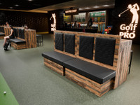 Golf Furniture Package of Maple Restaurant  Dual Button-Tufted-Panels Booths and 8' Communal Bar Table with 4 Bar Stools (Seats 8) Golf Furniture Package of Maple Restaurant  Dual Button-Tufted-Panels Booths and 8' Communal Bar Table with 4 Bar Stools (Seats 8)
