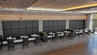 Black Tufted Wall Panels with Artdeco Luxury Banquette Seating - Long Bench - Two Tone Table Tops (Seats  6)