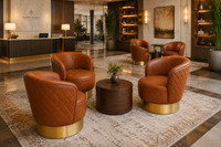 Set of Six Amalfi Chairs - Diamond Tufted Design - Beautiful Modern Swivel Club Chairs - Gold Wrapped Base - Two Lucas Lounge Tables