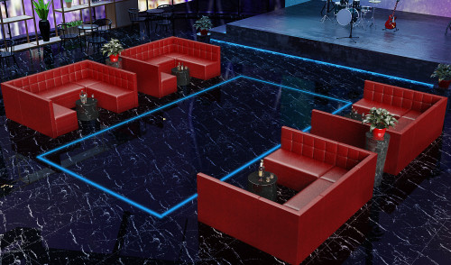 Lounge Package - [Four] 9049 Glaze-Sangria Large Modular U Shapes with Four Lucas Lounge Tables (Seats  24)