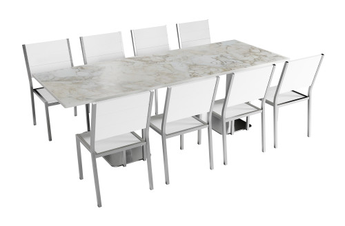 Outdoor Ready - Calacatta Marble 96" x 30" Restaurant Table with 8 Restaurant Chairs