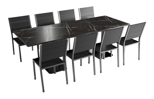 Outdoor Ready - Dark Marble 96" x 30" Restaurant Table with 8 Restaurant Chairs