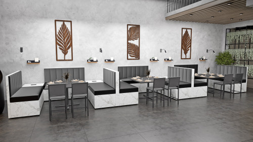 Sorrento Restaurant Booths - Premium Channel-Back Upholstery - Black Restaurant Tables and Chairs - Seats 24 Sorrento Restaurant Booths - Premium Channel-Back Upholstery - Black Restaurant Tables and Chairs - Seats 24