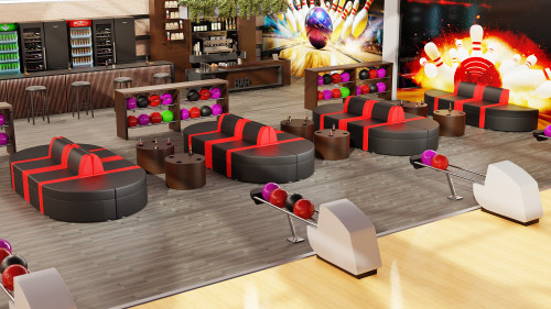 Bowling Exclusive Furniture Package featuring COCO Modular Seating with Round Lounge Tables (Seats 28)