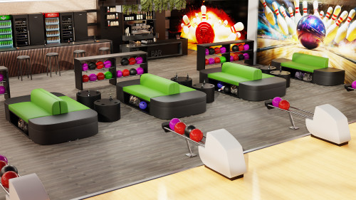 Binny Bowling  Seating with Storage - Modular Package  with LUCAS Round Lounge Tables  (Seats 32)