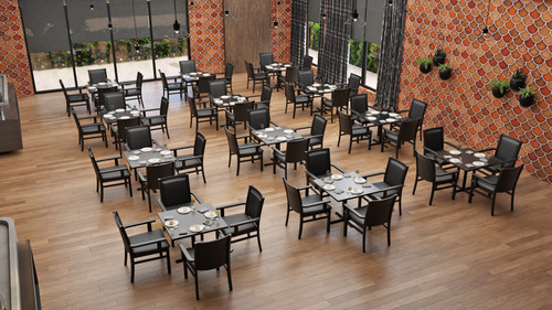 Black 36x36 Restaurant Tables and Black Modern ARM Restaurant Chairs (SEATS 48)