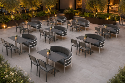 Last Package Left! Outdoor Cafe Package - Premium  5-Yr Warranty Sunbrella Fabric - Fully Welded Heavy-Duty White Metal Frame (Seats 40)