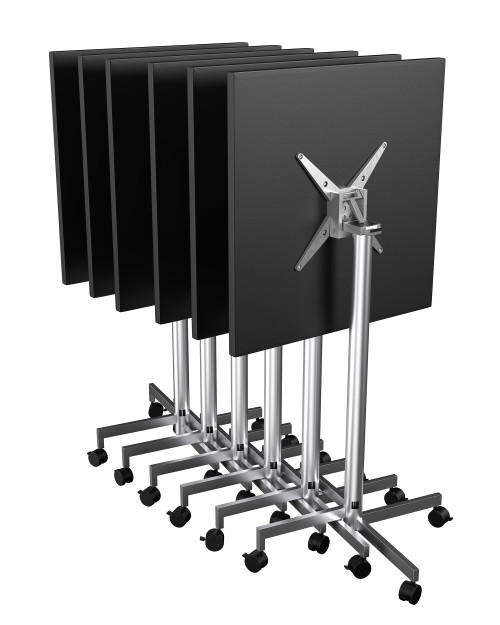 SET OF [6]  Black 36" Square Tables on Stainless Steel Bases with Casters - Easy Fold & Stack For Storage (Dining or Bar Height)