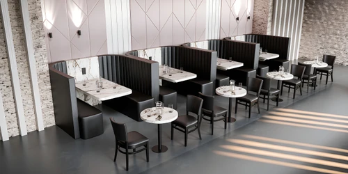Enclave Restaurant Package: [FOUR] Compact 4-Seater All-in-One Booth Seating with Integrated Tables - 24" Round Tables with Chairs (Seats 24)