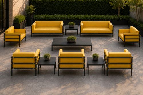 FINAL SET! Outdoor HERMOSA Package of Loveseats, Chairs and Lounge Tables - Sunbrella Seating - Heavy Duty Gunmetal Frame - Outdoor Furniture (Seats  9)