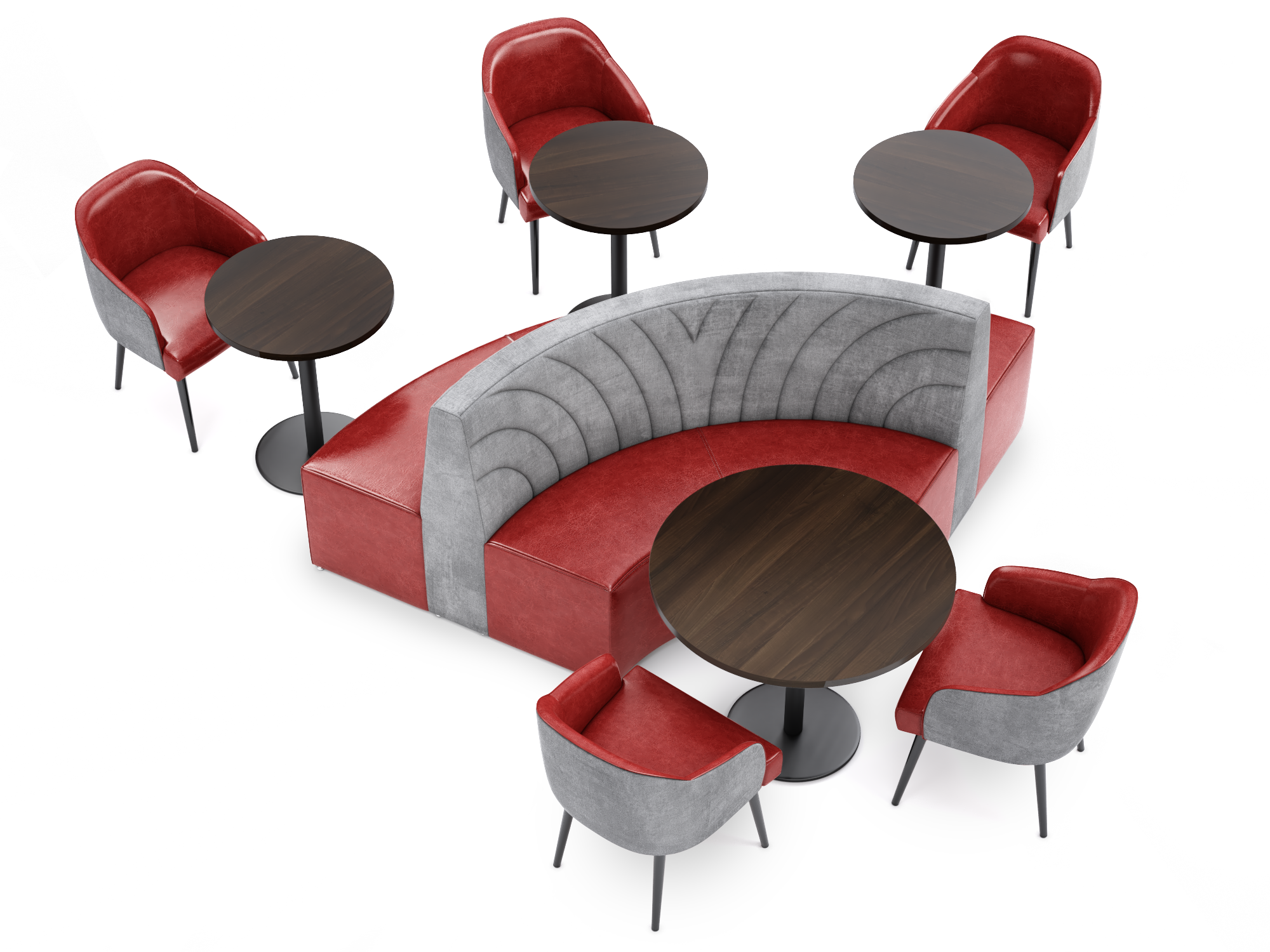 WAVE- Curved Booth (Quarter Circle) - Exclusive Black & Claret Restaurant Package - Four Restaurant Tables with Five Chairs (Seats 10)
