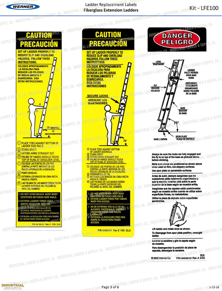 Werner LFE100 Safety Labels Fiberglass Extension Ladders Industrial