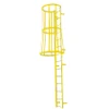Cotterman F35SC Fixed Steel Wall Ladder with Safety Cage, 3 Sections, Vertical Access, yellow color.