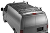 Thule TracRac silver 2 bar rack, aerodynamic van accessory for vans with rain gutters installed.