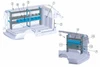 Adrian plumbing package components diagram, Transit Low Roof 130WB, Adrian brand, blue and gray parts.