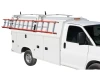 Holman 47953 Drop Down Ladder Rack on white utility truck for low roof covered service body.