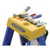 Werner OBCN Series Contractor's fiberglass stepladder with tools on top, yellow and blue color.