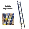 Werner D8200-2EQ ext fiberglass ladder, 300 lb rated, blue and yellow, built-in leg leveler.