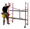 MetalTech Buildman 6' High Portable Mobile Scaffolding, red frame, 750 lb capacity, with gray platforms.
