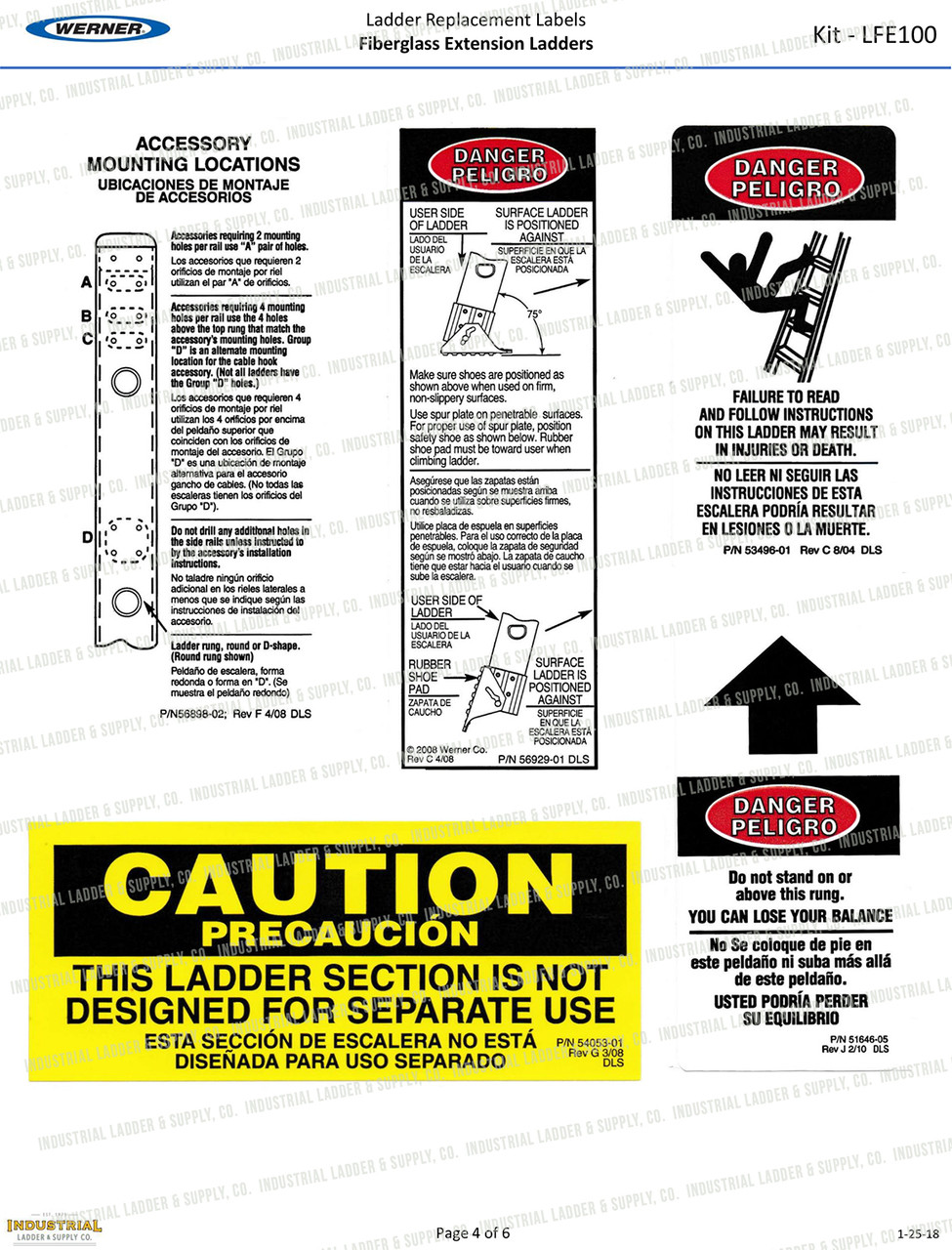 Werner Parts LFE100 Safety Labels Fiberglass Extension Ladders