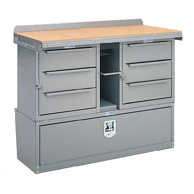 Adrian #MD509 workbench module with workbench drawers, 42w x 31h x 18d, gray color.