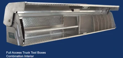 System One Full Access heavy-duty truck boxes with combination interior, silver in color, large tool box.