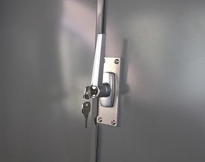 Adrian accessory handle, an optional locking handle for Sliding Partitions by Adrian, silver in color.