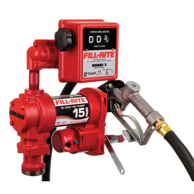 Fill-Rite FR1211H red 15 GPM fuel transfer pump with meter and manual nozzle.