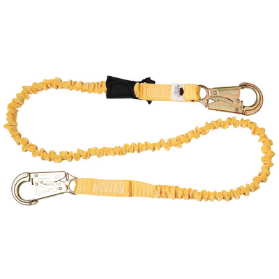 Werner Fall Protection C351100 6ft SoftCoil Single Leg Lanyard with fall protection gear, yellow.
