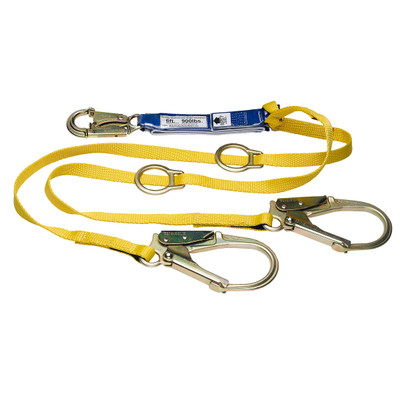Werner Fall Protection C411201 DeCoil Twinleg Lanyard, yellow, 6ft, height safety gear, snaphook, rebar hook.