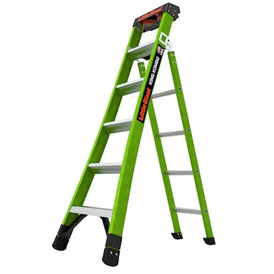 Little Giant King Kombo 6' fiberglass versatile ANSI ladder with rotating wall pad and green color.
