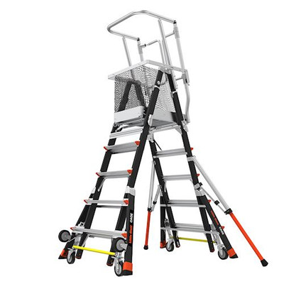 Little Giant Model 18509-240 fiberglass platform with wheel lift, ANSI Type IAA, 375 lb rated capacity.