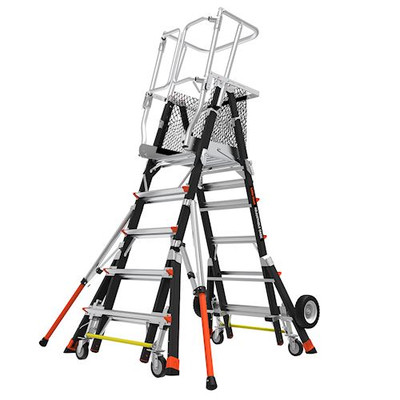 Little Giant fiberglass cage ladder, Model 18509-243, ANSI Type IAA, 375 lb rated, all-terrain wheels.