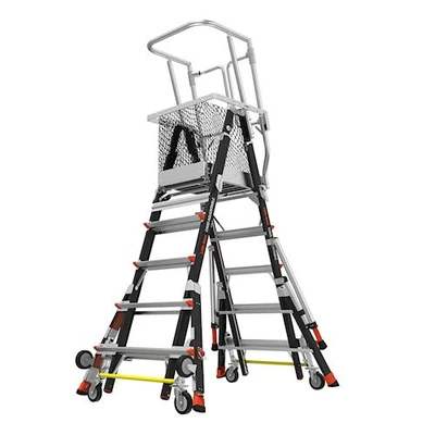 Little Giant adjustable work platform, model 18509-817, with enclosed elevated platform and wheel lift.