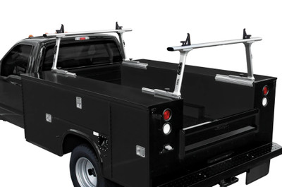 Thule TracRac Utility Rack, silver, mounted on a truck bed as an aerodynamic truck rack.